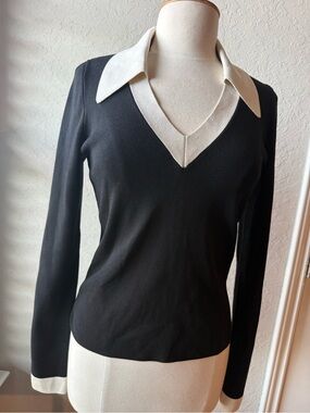 Express Black V-Neck Sweater with Cream Collar and Cuff